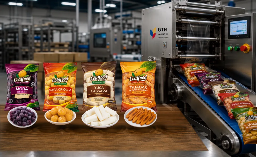 Planta Coldfood: empaques de mora, papa criolla, yuca y tajadas de plátano en la línea de producción de GTM Alliance