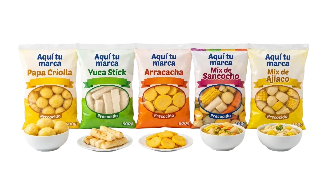 Productos congelados de la línea GTM Alliance: papa criolla, yuca stick, arracacha y mixes de vegetales empacados con marca propia