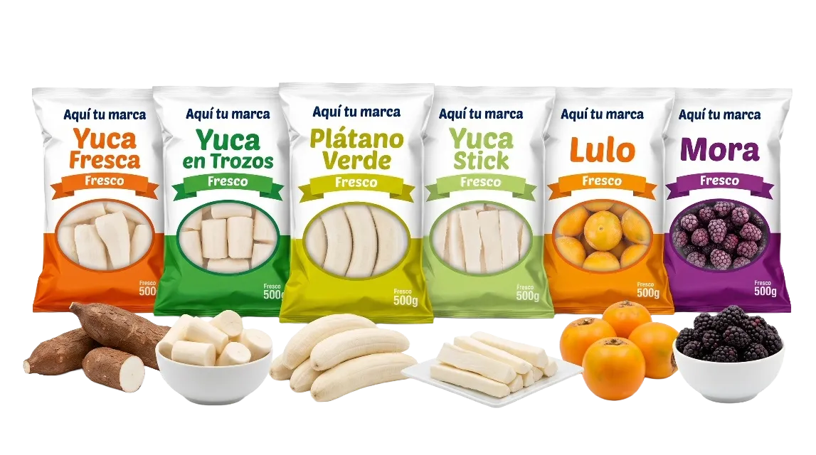 Productos frescos de la línea GTM Alliance: yuca, plátano verde, lulo y mora empacados con marca propia