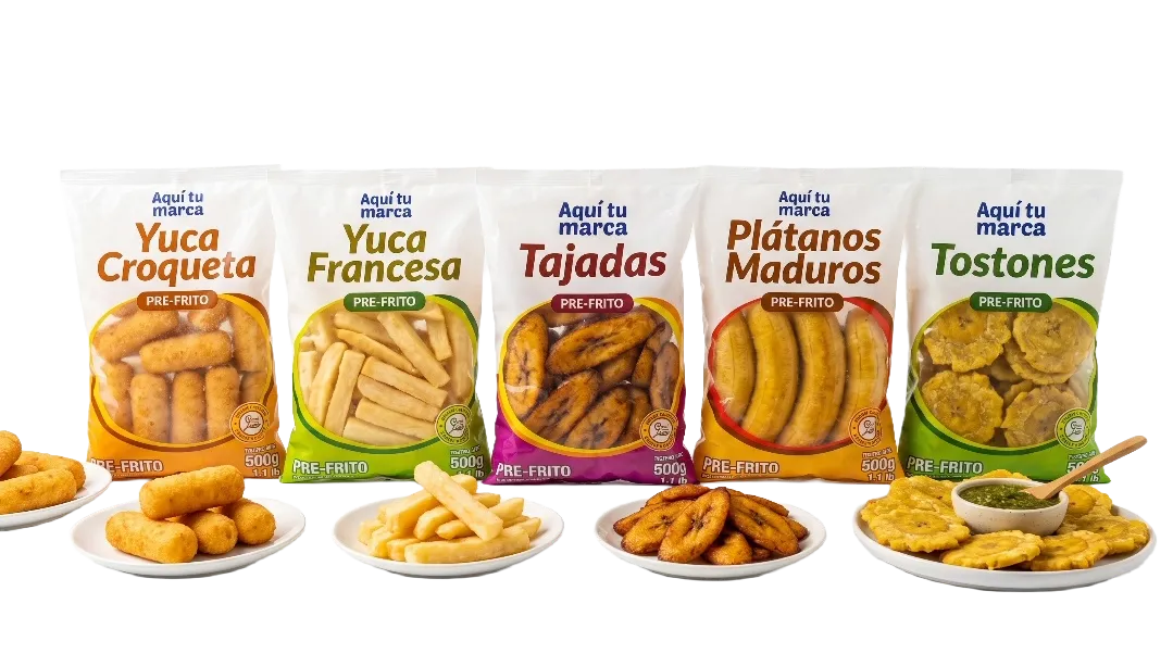 Productos precocidos de la línea GTM Alliance: croquetas y francesa de yuca, tajadas, plátanos maduros y tostones empacados con marca propia