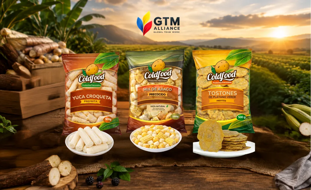 Productos Coldfood precocidos: croquetas de yuca, mix de ajiaco y tostones, con el campo colombiano de fondo